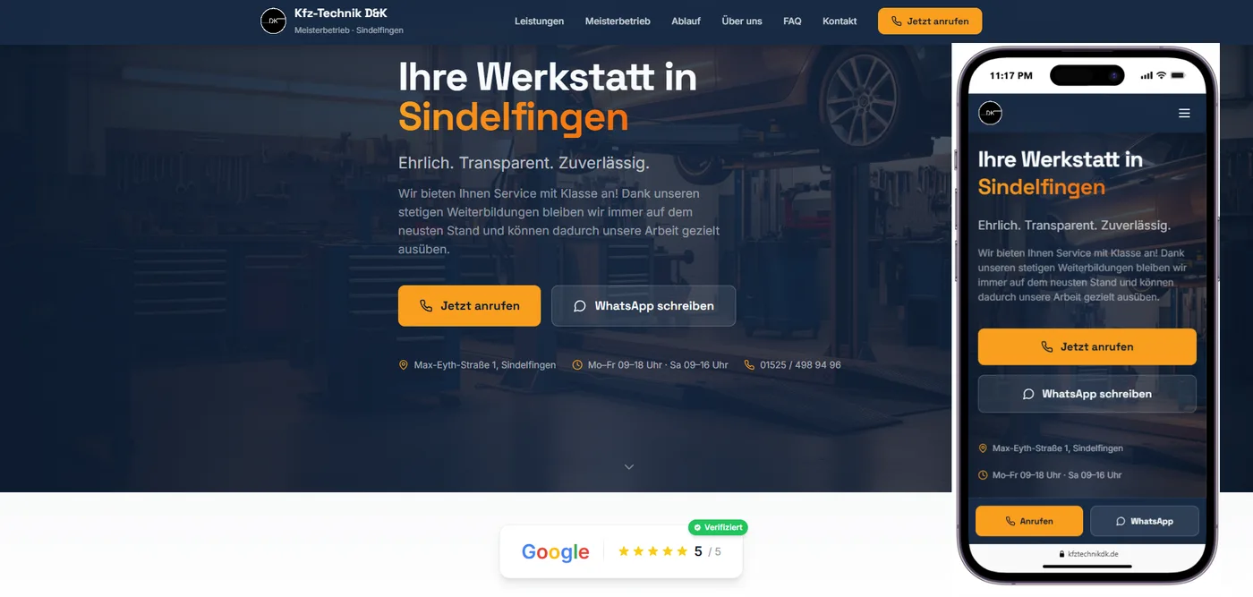 Startseite der Website von Kfz-Technik D&K